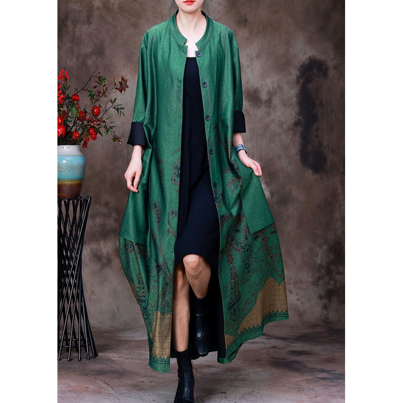 Chic Green Stand Collar Pockets Print Silk Trench Coats Long Sleeve