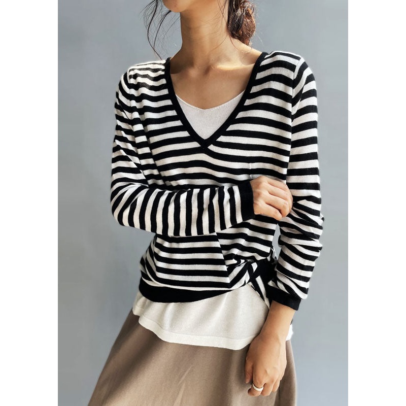 Classy Black White Striped V Neck Knit Tops Fall