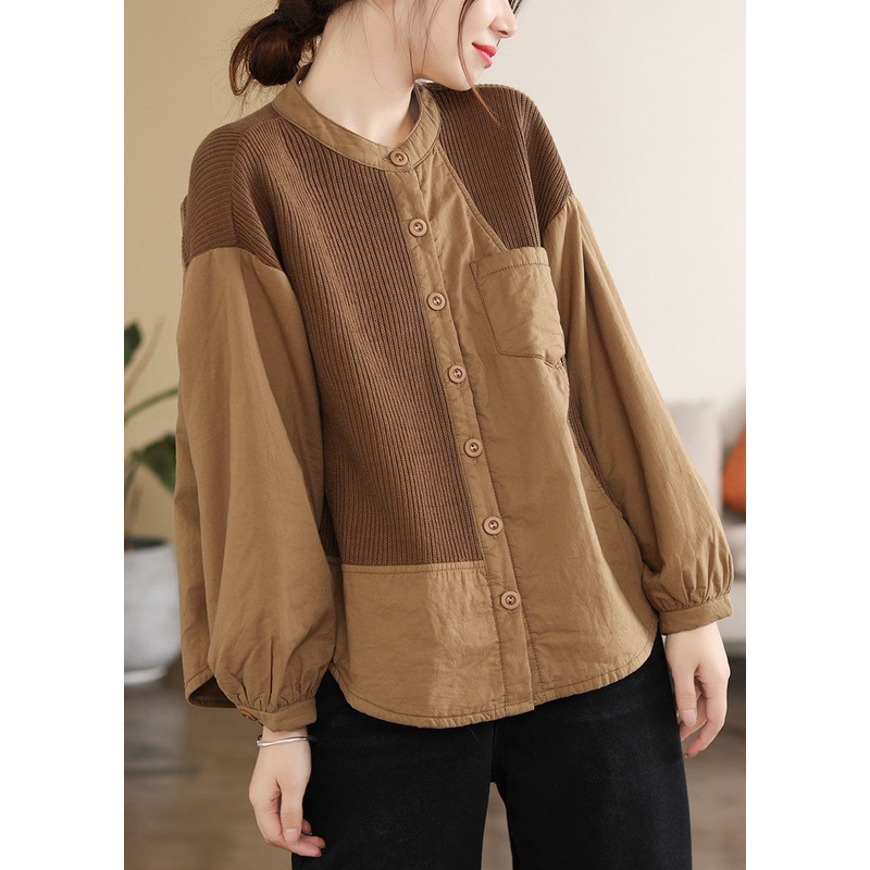 Classy Coffee O-Neck Patchwork Pockets Fine Cotton Filled Parka Jacket Winter