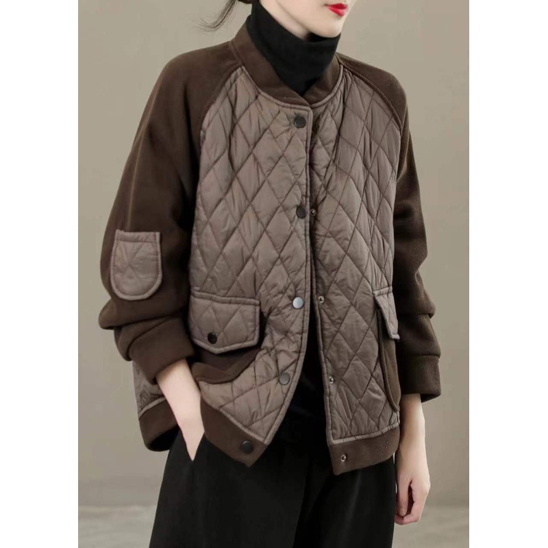Classy Coffee Stand Collar Pockets Patchwork Fine Cotton Filled Jackets Winter