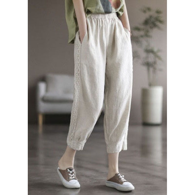 Classy White Elastic Waist Pockets Lace Patchwork Linen Crop Pants Fall