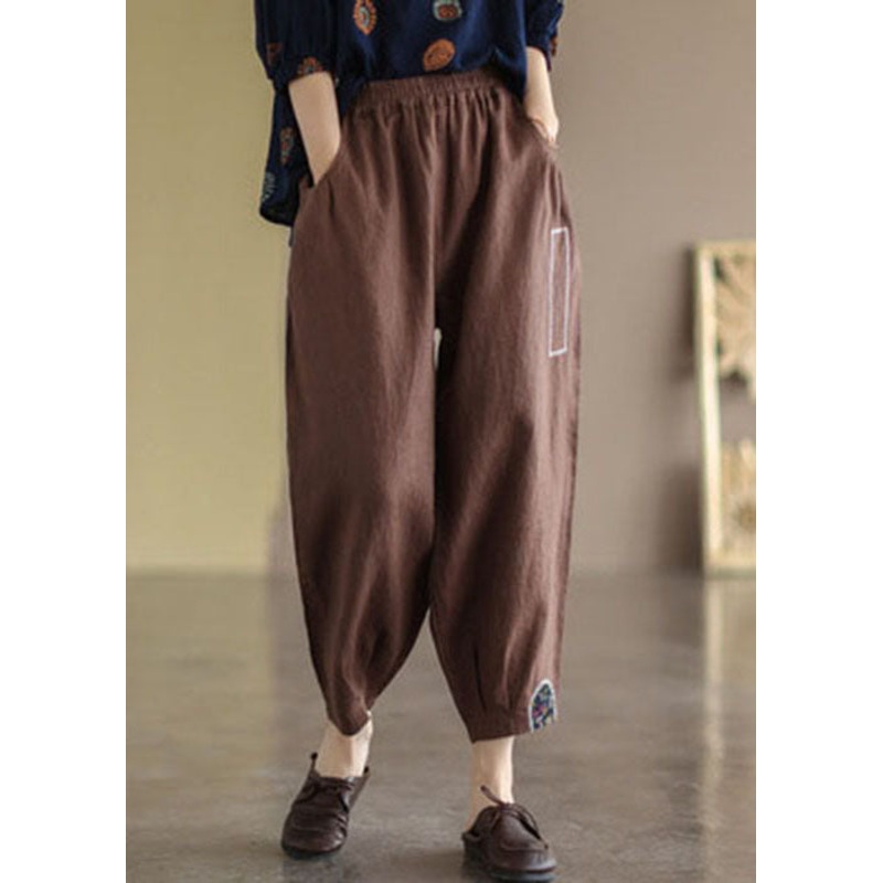 Coffee Patchwork Linen Crop Pants High Waist Applique Fall