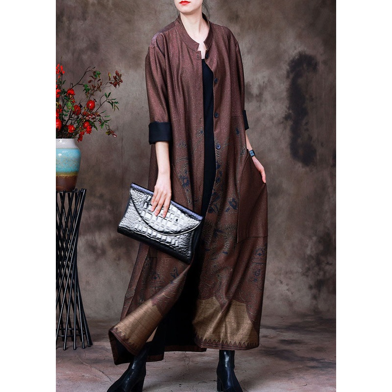 Coffee Print Silk Trench Outwear Stand Collar Pockets Long Sleeve