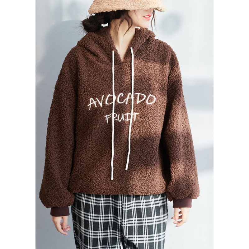Coffee Thick Fleece Wool Sweatshirt Streetwear Letter Embroideried Winter