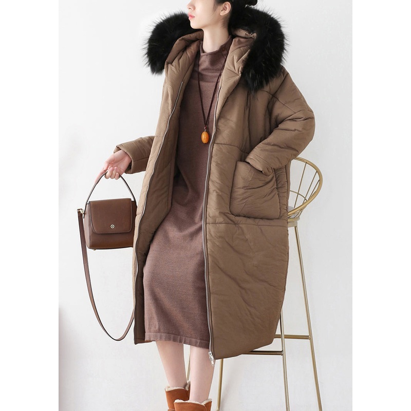 Coffee Zippered Thick Hooded Maxi Parka Winter