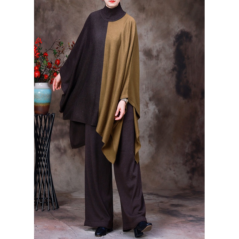 DIY Coffee Turtleneck Asymmetrical Patchwork Knit Sweaters And Wide Leg Pants Two Pieces Set Fall