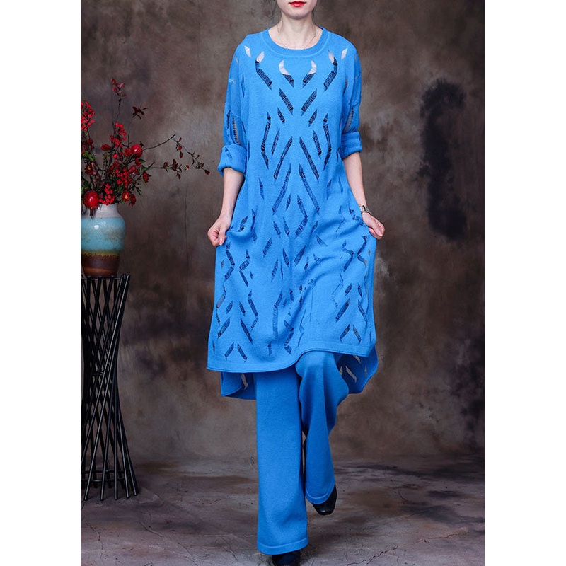Elegant Blue O-Neck Solid Hollow Out Knit Three Pieces Set Long Sleeve