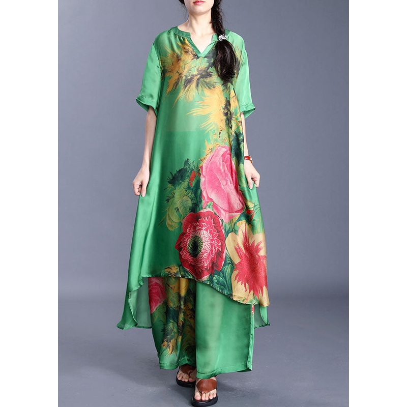 Elegant Green V Neck Print Silk Two-Piece Set Short Sleeve