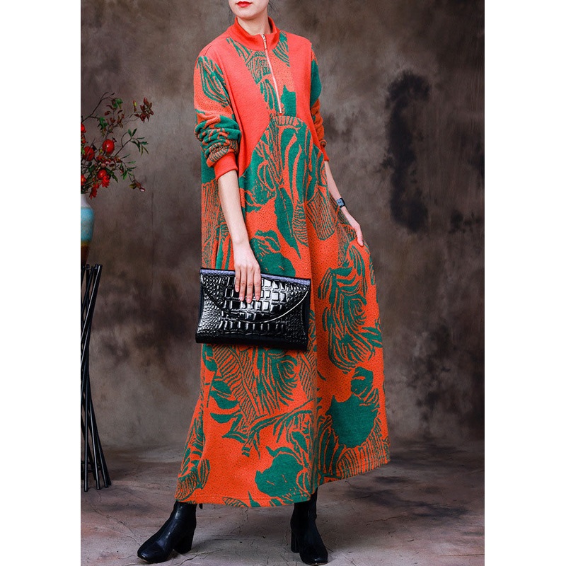 Elegant Orange Stand Collar Zip Up Jacquard Knit Robe Dresses Long Sleeve