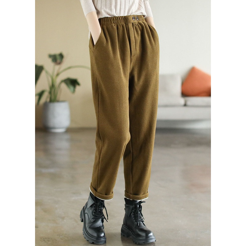 Elegant Yellow Elastic Waist Pockets Warm Fleece Corduroy Pants Winter