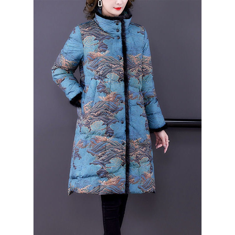 Fashion Blue Raccoon Hair Collar Print Fine Cotton Filled Puffer Coats Winter