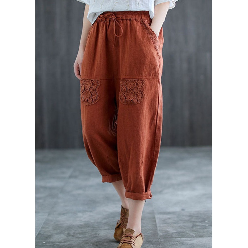 Fashion Mulberry Hollow Out Lace Patchwork Linen Harem Pants Fall