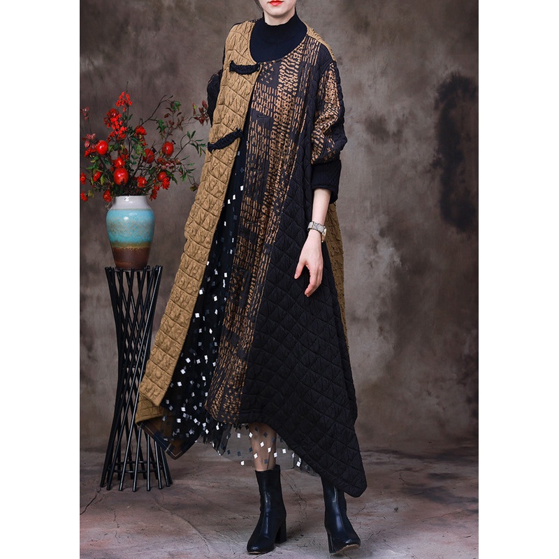 Fashion Yellow Patchwork Black Asymmetrical O-Neck Thick Maxi Coat Long Sleeve