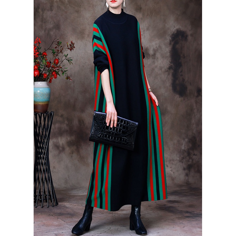 Fitted Black Turtleneck Striped Patchwork Knit Long Sweater Dress Long Sleeve
