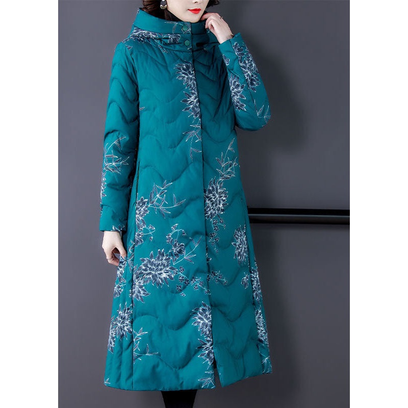 Fitted Blue Hooded Print Fine Cotton Filled Puffers Coats Winter