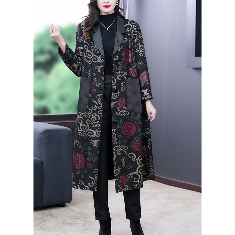 French Black Peter Pan Collar Patchwork Pockets Print Trench Coat Fall