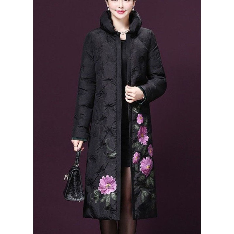 French Black Stand Collar Print Duck Down Down Coat Winter