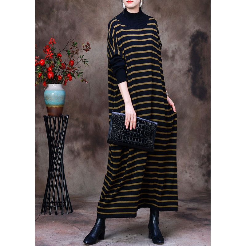 French Black Yellow Striped Turtle Neck Knit Long Dress Batwing Sleeve