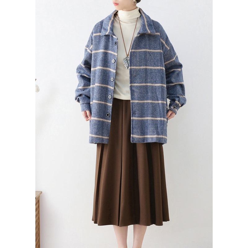 French Blue Peter Pan Collar Plaid Button Woolen Coats Fall