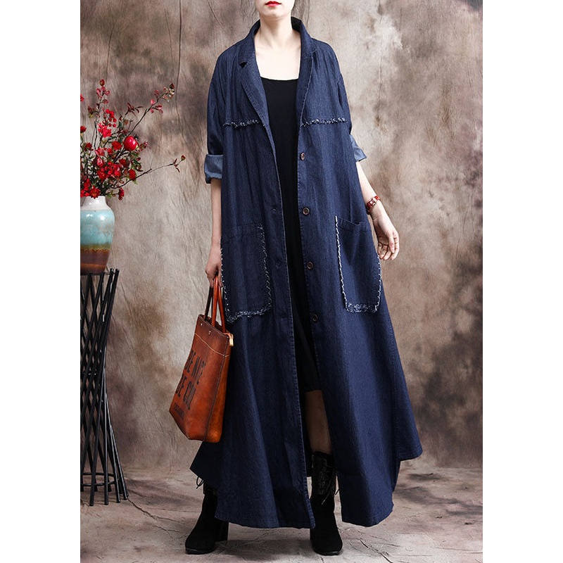 French Denim Blue Peter Pan Collar Patchwork Tassel Cotton Trench Coats Long Sleeve