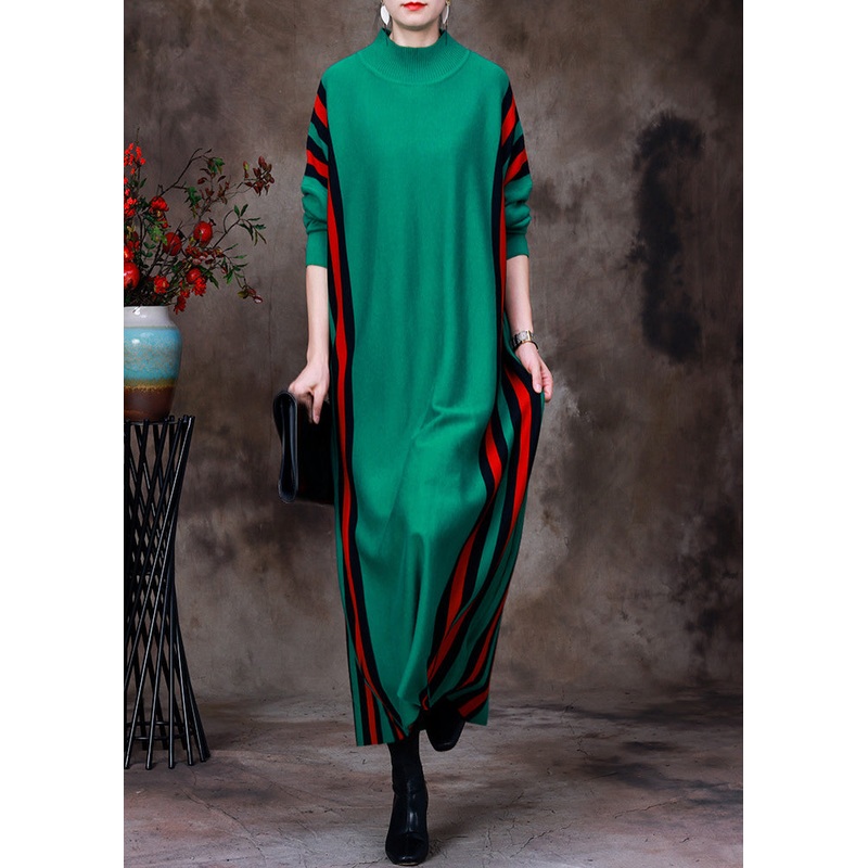 Green Turtleneck Striped Patchwork Knit Long Sweater Dress Long Sleeve