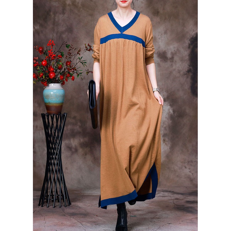 Handmade Yellow V Neck Patchwork Wool Knit Dress Long Sleeve