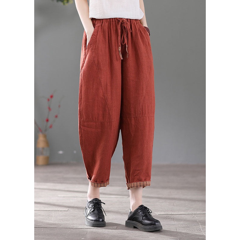 Italian Red Elastic Waist Pockets Patchwork Linen Crop Pants Fall