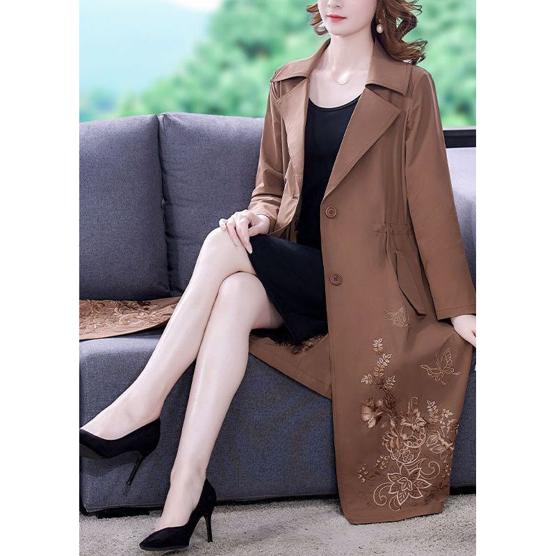 Khaki Solid Spandex Cinch Trench Coat Notched Collar Fall