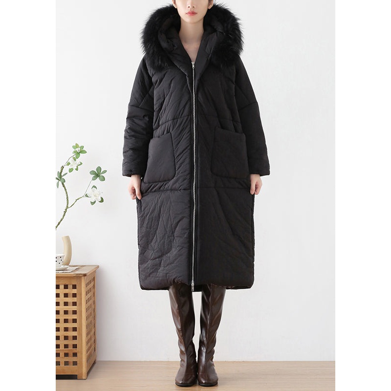 Loose Black Fur Collar Thick Hooded Maxi Parka Winter
