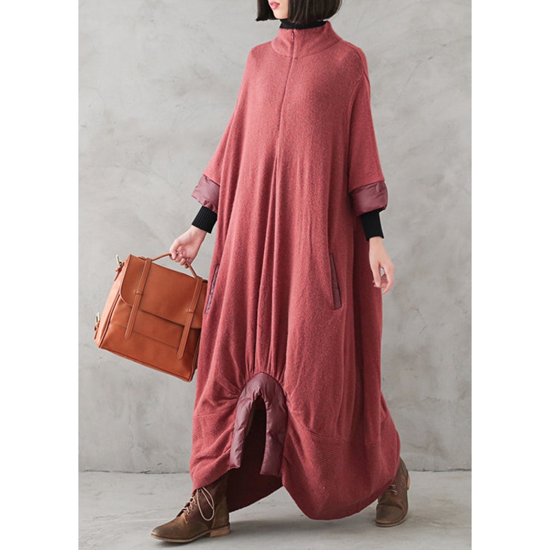 Loose Red Turtleneck Zippered Cashmere Knit Sweater Dress Winter