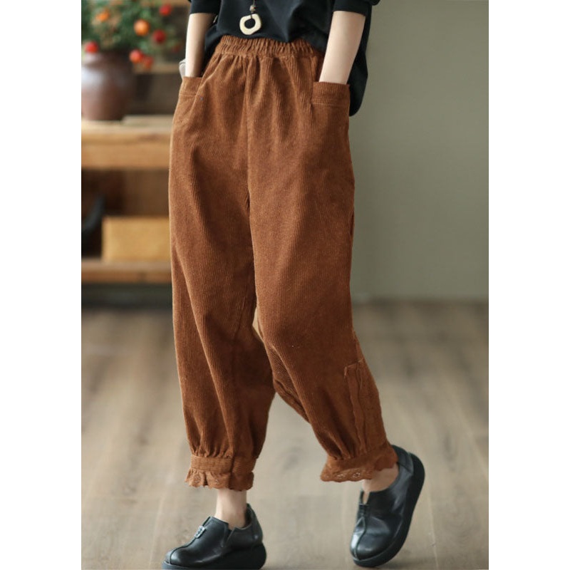 Modern Caramel Elastic Waist Lace Patchwork Corduroy Harem Pants Winter