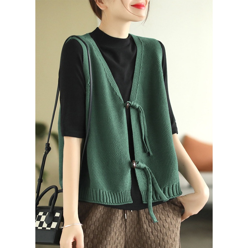 Modern Green V Neck Solid Knit Vest Tops Sleeveless