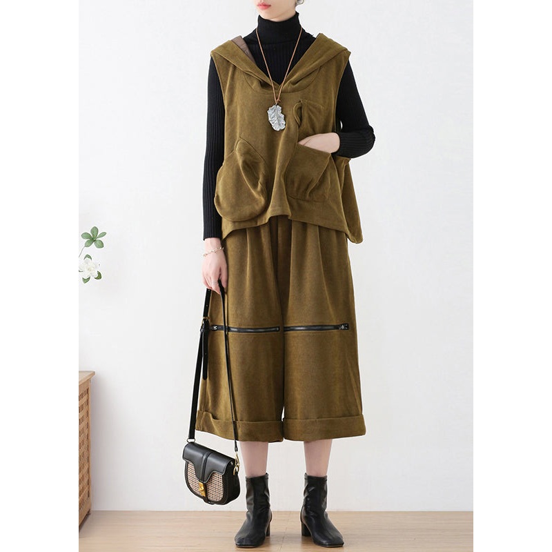 Mustard Green Velour Hooded Waistcoat And Crop Pants Two Pieces Set Fall
