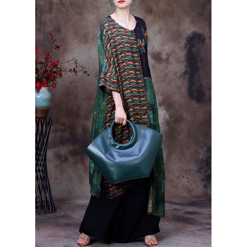 Natural Green O-Neck Asymmetrical Print Patchwork Silk Cardigans And Wide Leg Pants Two Pieces Set Long Sleeve