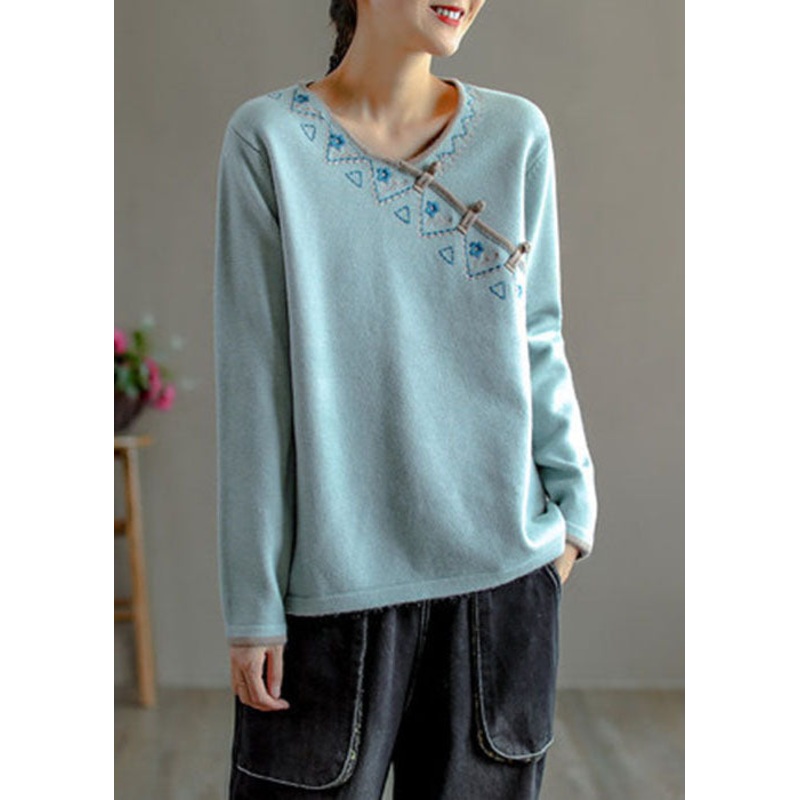 Natural Light Blue Embroideried Oriental Button Wool Knitted Tops Winter