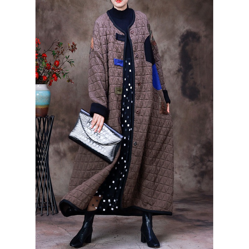 Plus Size Coffee O-Neck Patchwork Applique Fine Cotton Filled Winter Coat Long sleeve