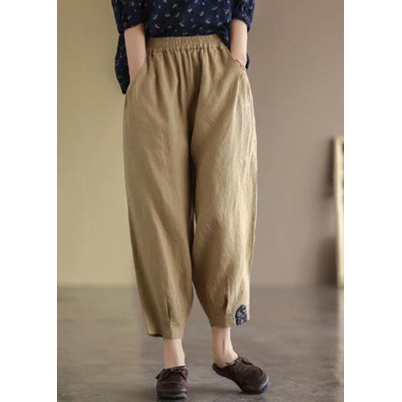 Plus Size Khaki Elastic Waist Patchwork Applique Linen Harem Pants Fall