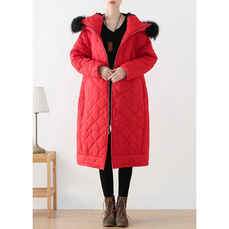 Plus Size Red Zippered Thick Hooded Long Parka Winter