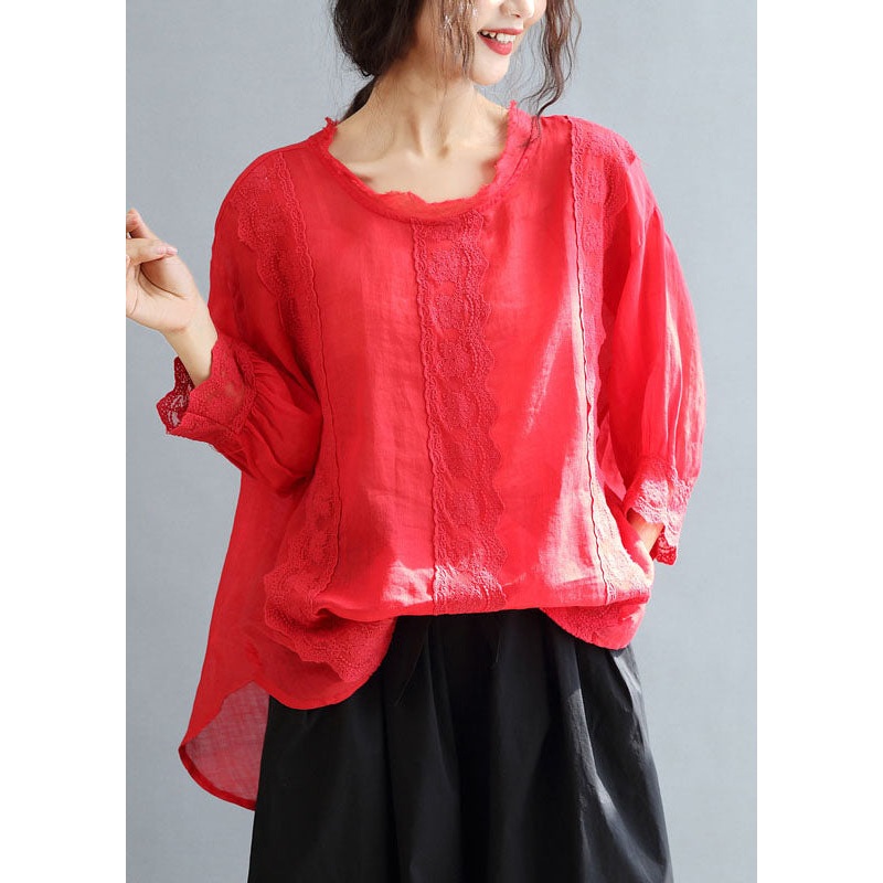 Red Patchwork Lace Linen Loose Tops O-Neck Bracelet Sleeve