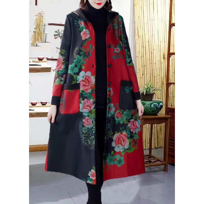 Red Print Thick Warm Fleece Loose Trench Coats Winter