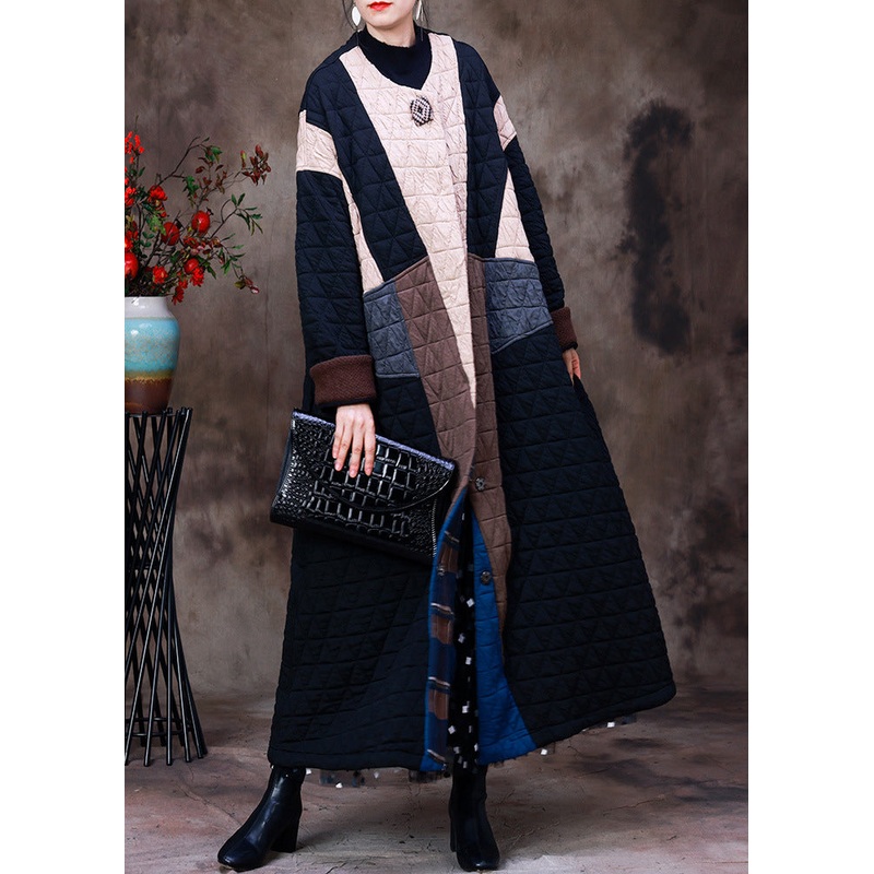Style Apricot Black Colour Patchwork O-Neck Cotton Thick Long Coat Long Sleeve