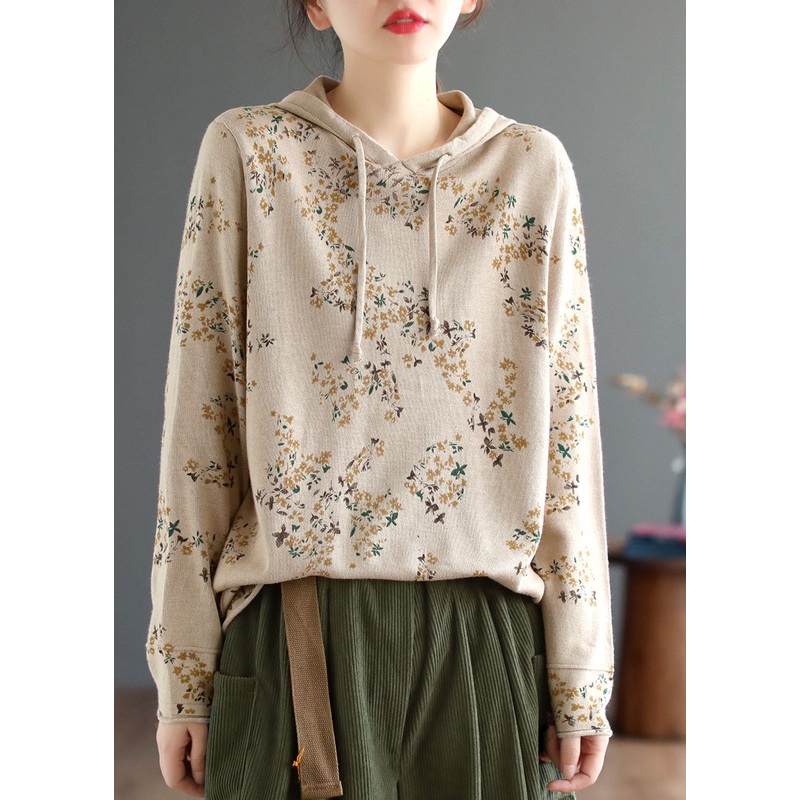 Style Beige Hooded Print Knit Sweatshirts Top Winter
