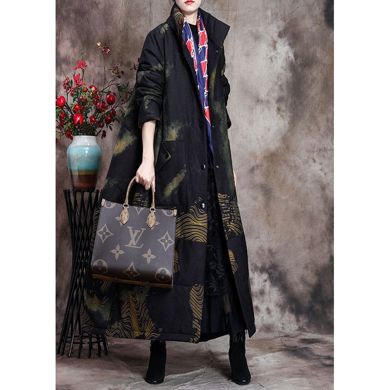 Stylish Black Stand Collar Oversized Print Pockets Fine Cotton Filled Puffer Wool Coats Winter