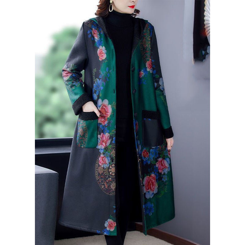 Stylish Green Hooded Print Warm Fleece Trench Coats Winter