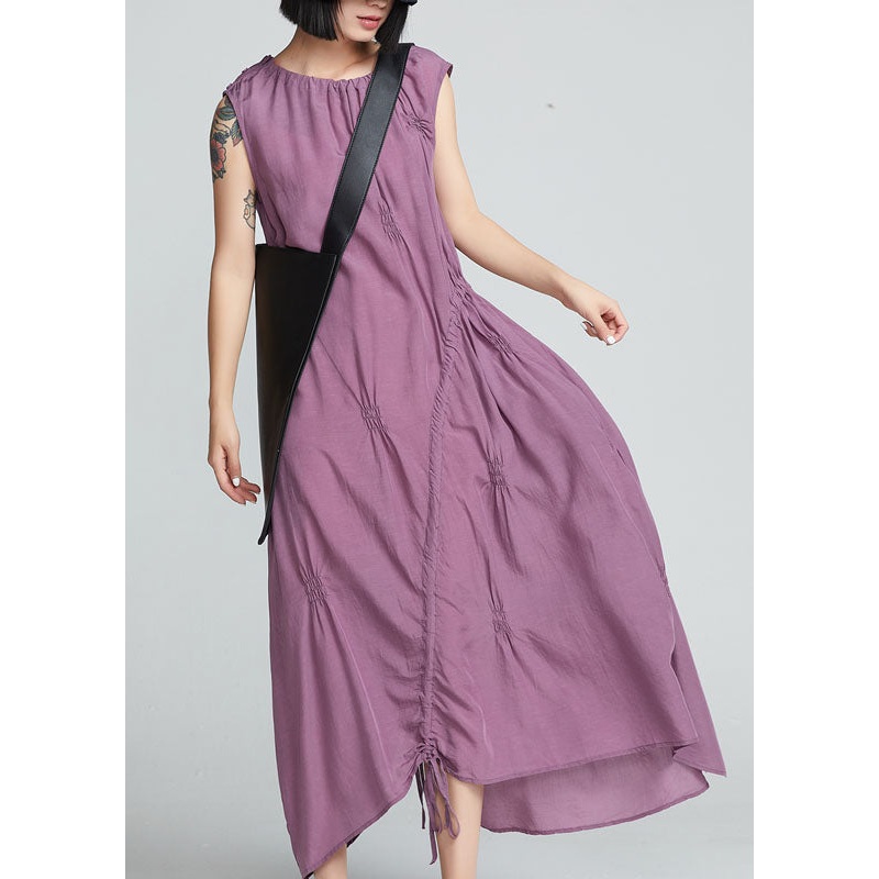 Stylish Purple Drawstring Wrinkled Cotton Long Dress Sleeveless