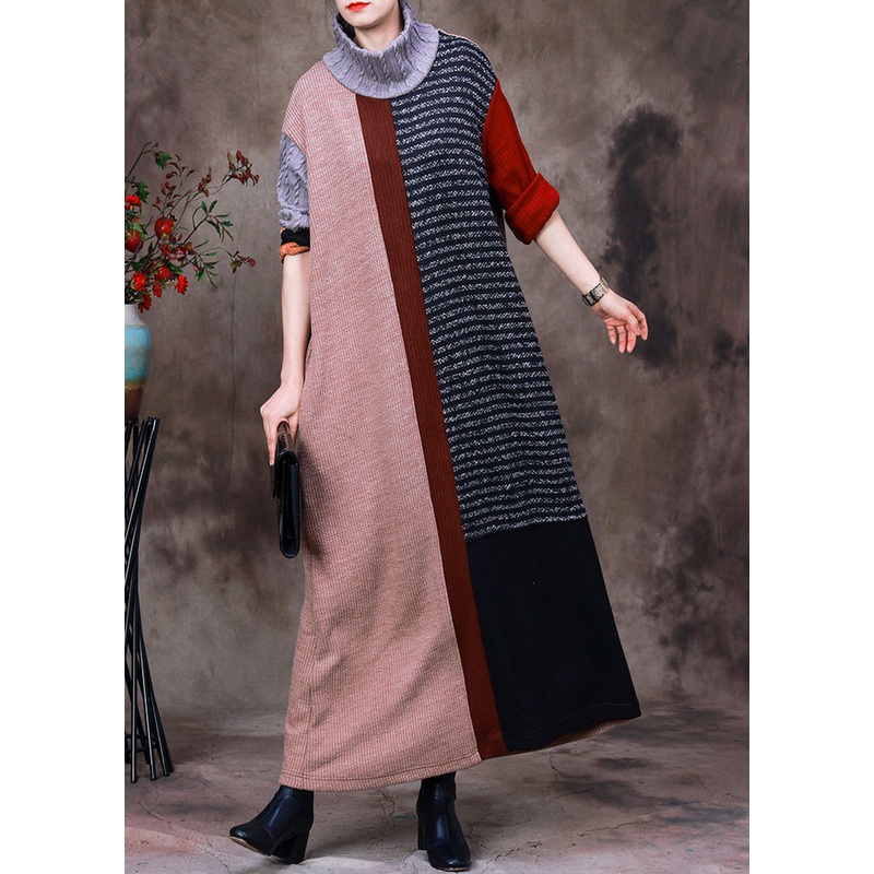 Vintage Turtleneck Striped Patchwork Knit Long Sweater Dress Long Sleeve