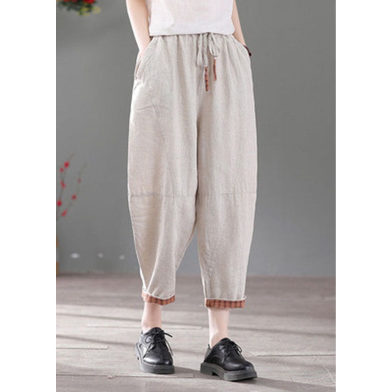 White Patchwork Linen Harem Pants Elastic Waist Drawstring Fall