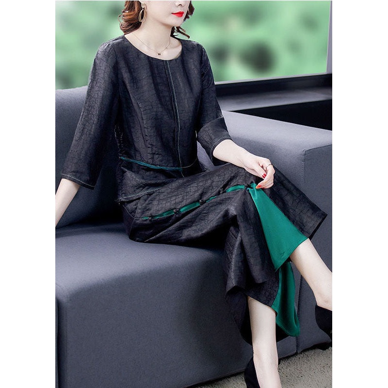 Women Black Asymmetrical Patchwork Wrinkled Silk Two Piece Suit Set Summer