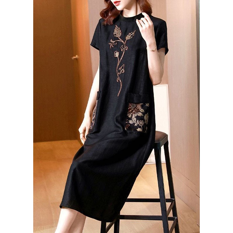 Women Black Stand Collar Embroideried Pockets Silk Dresses Summer