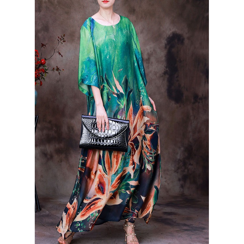 Women Green O-Neck Oversized Print Pockets Silk Beach Dresses Bracelet Sleeve
